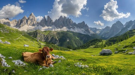 Fototapeta na wymiar Cow in italian Dolomite Alps at summer time.