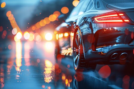 The image depicts a high-performance car on a vibrant, rainy night with reflections and city lights adding to the atmospheric mood