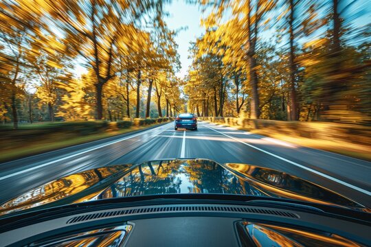 View from a moving car showing blurred trees on an autumn road, representing speed and season change