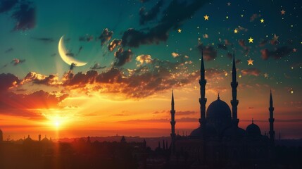 Sunset over a majestic mosque silhouette