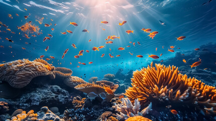 Group of colorful fishes and marine animals with colorful corals underwater in the ocean. 