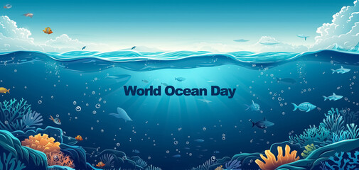 Fototapeta na wymiar World Oceans day banner. World Ocean day wallpaper with blue ocean, fish and lettering.
