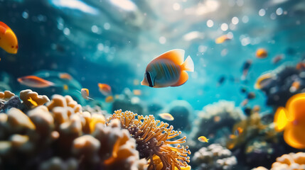 Colorful fish and marine animals with colorful corals underwater in the ocean. 