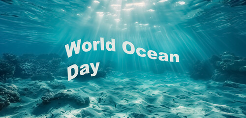 World Oceans day banner.
World Ocean day wallpaper with blue ocean, fish and lettering.