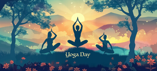 International Yoga Day poster, illustration of a woman doing yoga exercise and pose, Yoga day celebration