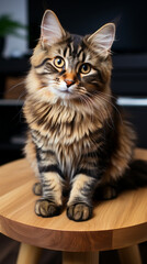 Maine Coon Cat on Wooden Stool

