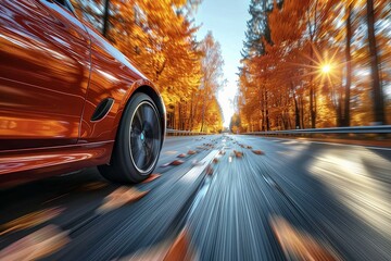 A dynamic perspective of a red sports car driving fast on a road covered with fallen autumn leaves and surrounded by fall forest - Powered by Adobe