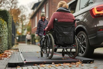 A woman in a wheelchair is seen from behind, using a ramp to enter a modern vehicle, implying accessibility - obrazy, fototapety, plakaty