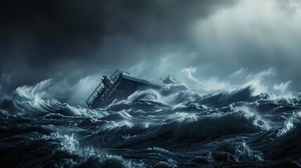 Rough sea photo with sinking boat , dramatic windy sea - obrazy, fototapety, plakaty