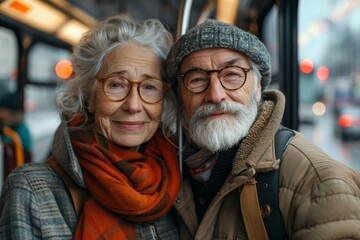 An elderly man and woman smile warmly at the camera while riding the bus, showcasing their enduring affection - obrazy, fototapety, plakaty