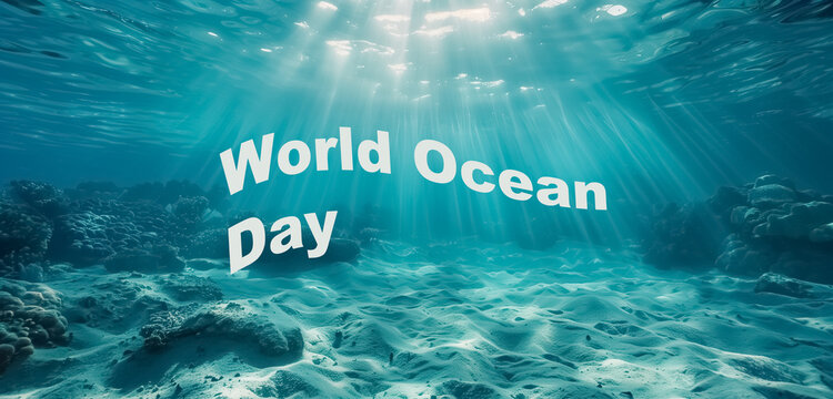 World Oceans day banner. 
World Ocean day wallpaper with blue ocean, fish and lettering.
