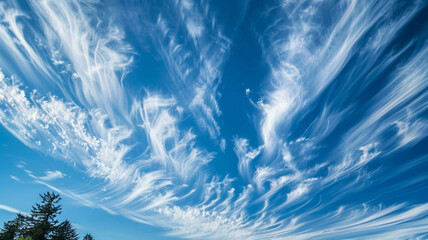 Fototapeta na wymiar The ethereal beauty of wispy cirrus clouds streaking across a clear, blue sky.