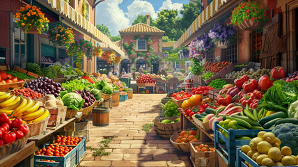 A colorful farmers market with stalls brimming with fresh produce. - obrazy, fototapety, plakaty