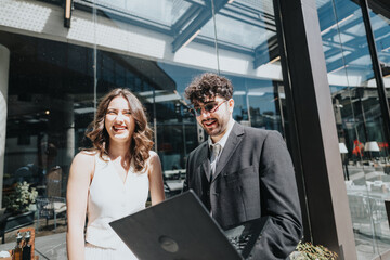 Smiling businesswoman and businessman with laptop enjoying a light moment outdoors in urban...