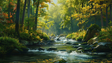 A serene river winding through a lush forest with vibrant foliage. - obrazy, fototapety, plakaty