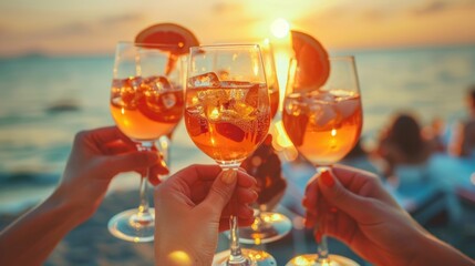 Cheers glasses of toasting drinks together at beach party between friends and colleague for their success.