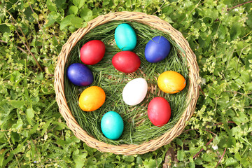 Closeup of colorful eggs in beautiful spring meadow on easter holiday outdoors in green graas.Traditional symbol for christian and catholic holiday