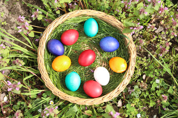 Closeup of colorful eggs in beautiful spring meadow on easter holiday outdoors in green graas.Traditional symbol for christian and catholic holiday