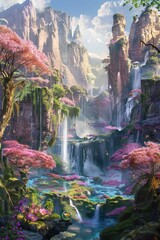 A fantasy valley with donutshaped waterfalls and electric flowers - obrazy, fototapety, plakaty