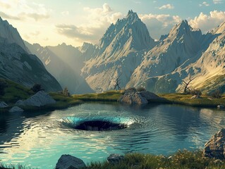 A serene mountain landscape with a river flowing through a donutshaped rock - obrazy, fototapety, plakaty