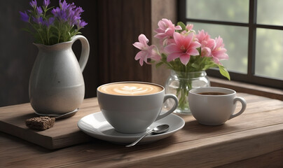 Obraz na płótnie Canvas A cup of hot brewed coffee with cream on the table, a vase with flowers in the background