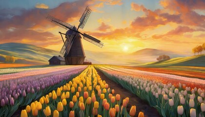 windmill at sunset - obrazy, fototapety, plakaty
