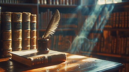 Vintage quill pen, books, and inkwell on a wooden desk in an old office with light beams and a bookcase in the background. conceptual foundation for subjects in literature, education, and history. - obrazy, fototapety, plakaty