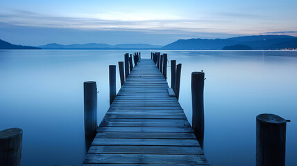 Fototapeta premium A tranquil lakeside pier stretching into calm waters, inviting a leisurely stroll.