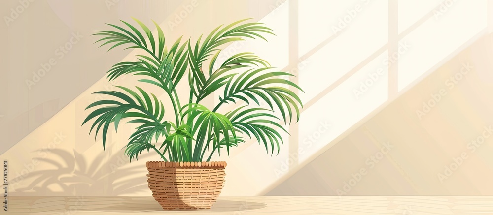 Canvas Prints A houseplant palm tree is in a flowerpot on a table by a window in a building. The terrestrial plant belongs to the Arecales order, with wood flooring