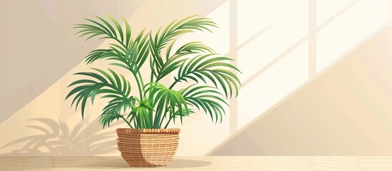 A houseplant palm tree is in a flowerpot on a table by a window in a building. The terrestrial plant belongs to the Arecales order, with wood flooring