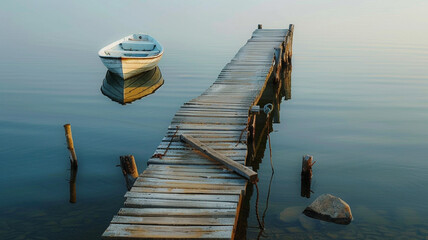 A rustic wooden pier stretching out into a calm lake, with a rowboat tied to one of its weathered...