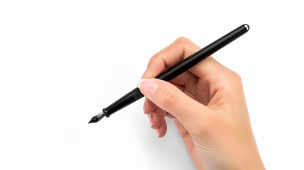 Closeup of a young woman holding a pen on a white background