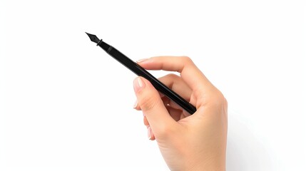 Closeup of a young woman holding a pen on a white background