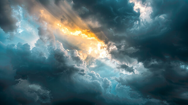 The Sun's Rays Breaking Through Dark Storm Clouds, Creating A Dramatic Contrast In The Sky.