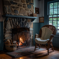 Cozy Fireplace in a Rustic Cabin Interior