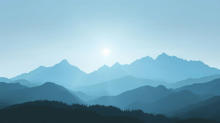 The silhouette of a mountain range outlined against the backdrop of a clear, sunny sky.