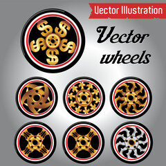 Assorted Vehicle Wheel Rims Vector Illustration Set with Winged Wheel
