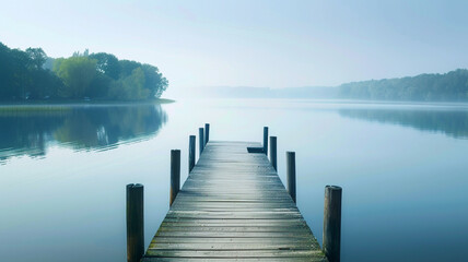 A peaceful lakeside dock extending into calm waters, reflecting the clear sky. - obrazy, fototapety, plakaty