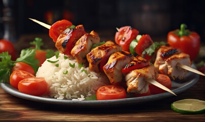 Chicken kebab on a wooden skewer, in a plate with rice and tomatoes