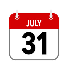 31 July, calendar date icon on white background