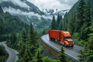 Dramatic view of an orange semi truck driving down a winding mountain road, surrounded by lush green vegetation and nature's grandeur