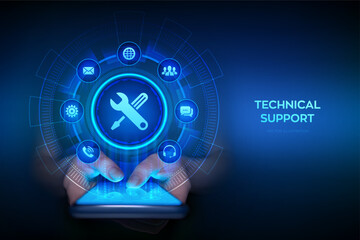 Technical support. Customer help. Tech support application interface on virtual screen. Customer service, Business and technology concept. Smartphone in hands. Using smartphone. Vector illustration.