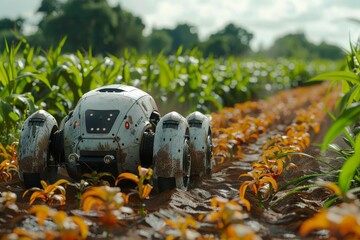 A worn and muddy autonomous farm robot set against a beautiful backdrop of growing corn, embodying rugged resilience