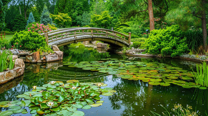 Fototapeta na wymiar A tranquil zen pond with lily pads and a wooden bridge in a Japanese garden.
