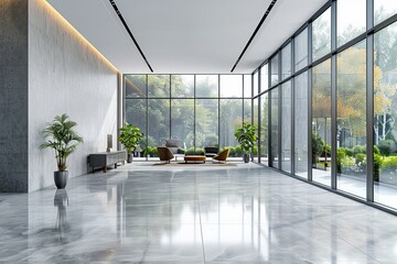 An atrium-style lobby featuring sleek minimalist design, floor-to-ceiling glass panes, and a view of the autumn landscape