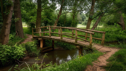 Fototapeta na wymiar A rustic wooden bridge crossing a tranquil stream in the countryside.