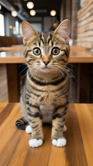 Naklejka na ściany i meble Alert Tabby Kitten on Wooden Table