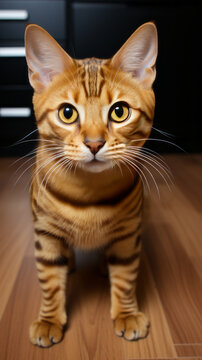 Alert Bengal Cat Standing Indoors


