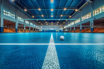 A pristine indoor volleyball court captured with symmetrical lines leading to the net, showcasing...