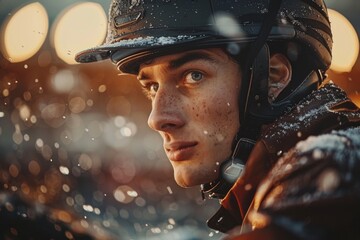 A motorcyclist in gear enjoying a scenic ride during golden hour with snowflakes highlighting a sense of adventure and freedom - obrazy, fototapety, plakaty